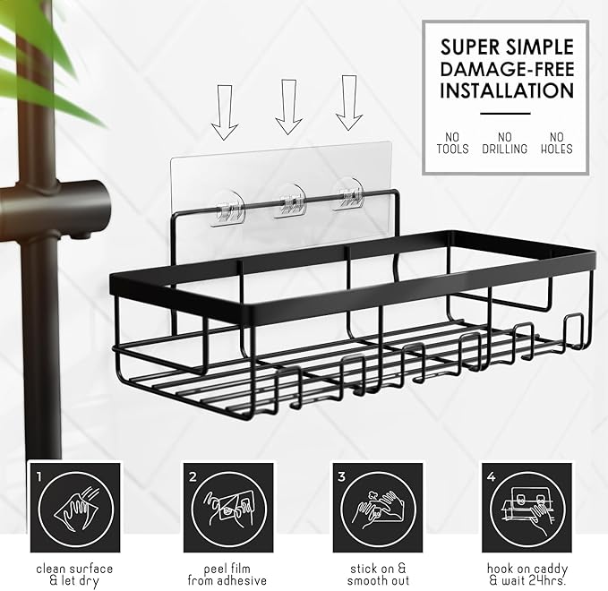 Clara Clark Bathroom Accessories Set - Bathroom Set with Adhesive Corner Shower Caddy Hanging, 25PC Bathroom Accessory Set, Navy Blue Shower Curtain Set, Toilet Brush, Trash Can & Soap Dispenser