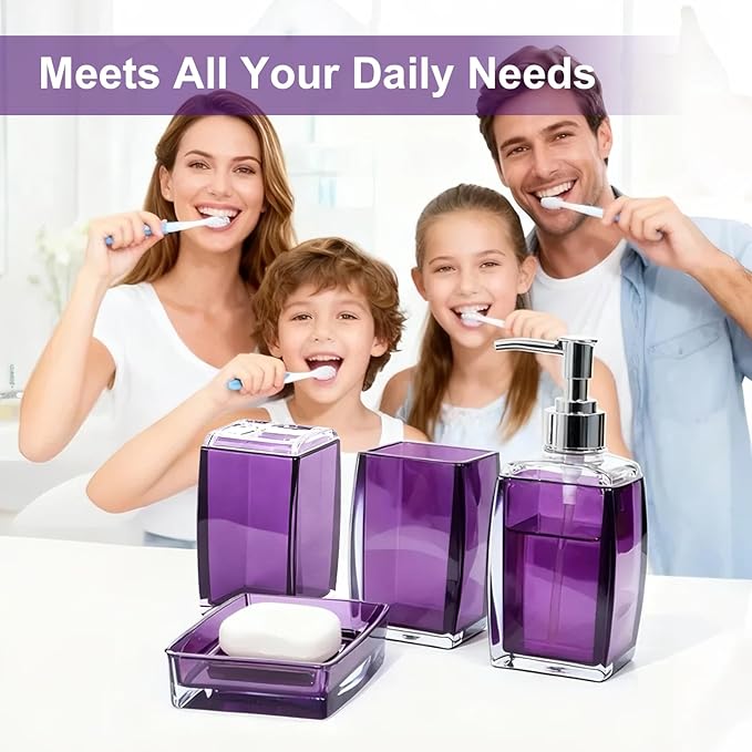 Bathroom Accessories Set Purple Clear Acrylic Bathroom Counter Set with Soap Dispenser, Toothbrush Holder, Tumbler, Soap Dish, Gift for Home Bathroom Decor