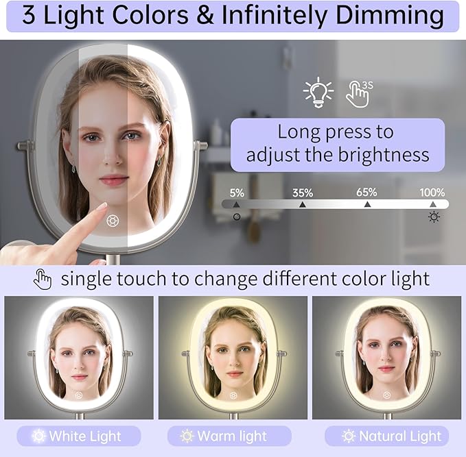 FUNTOUCH Rechargeable Wall Mounted Lighted Makeup Mirror, Oval Double-Sided Mirror 1X/10X Magnifying Mirror,3 Color Lights Touch Screen Dimmable 360°Swivel 13 Inch Extendable,Nickel