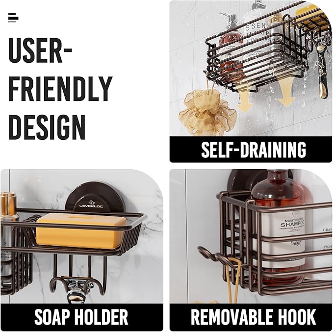 LEVERLOC Shower Caddy Suction Cup, 2 Pack Shelves for Inside with Hooks and Soap Organizer, NO-Drilling Bathroom Holder, Rustproof Meatl Bathroom Basket, Brown