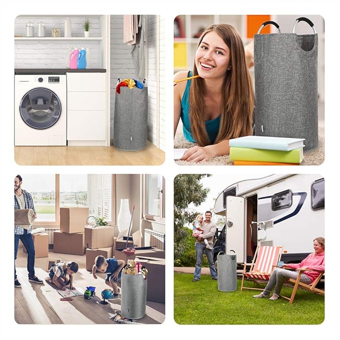 Large Laundry Hamper Bag Collapsible, Tall Laundry Basket with Sturdy Handles, Fabric Dirty Clothes Bin for Laundry, College Dorm, Boys, Man, Durable Heavy Duty Two-Layer ?€? 90L Grey