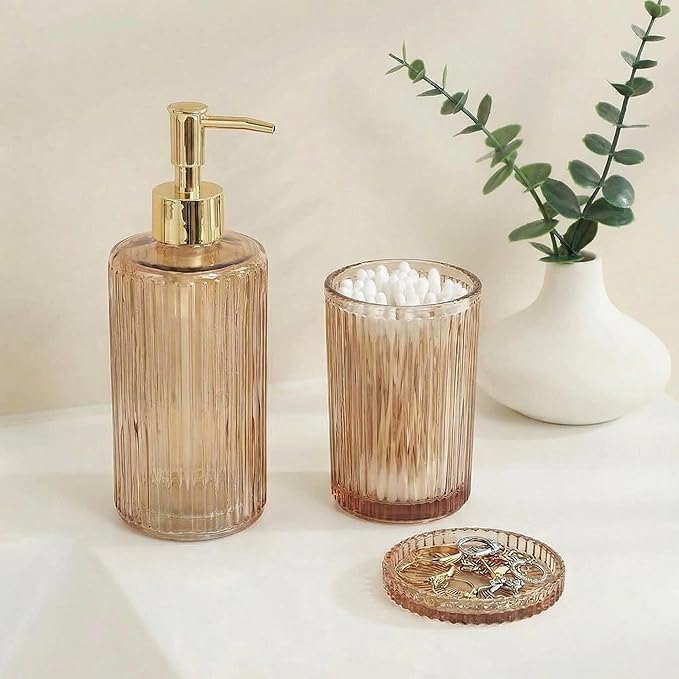 New Hensoar 3 Pcs Brown Bathroom Accessories Set, Glass Bathroom Set Include Soap Dispenser, Toothbrush Holder, Jewelry Tray for Modern Bathroom Decor, Housewarming Gift Set