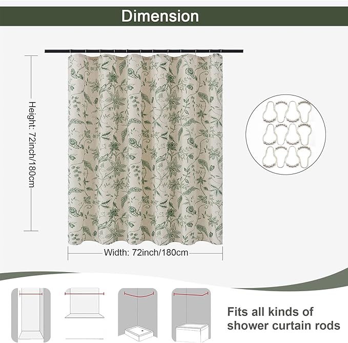 ORTIGIA Linen Shower Curtain Farmhouse Vintage Green Floral Shower Curtains Boho Rustic Cottagecore Curtains for Bathroom Decoration 72 W x 72 L