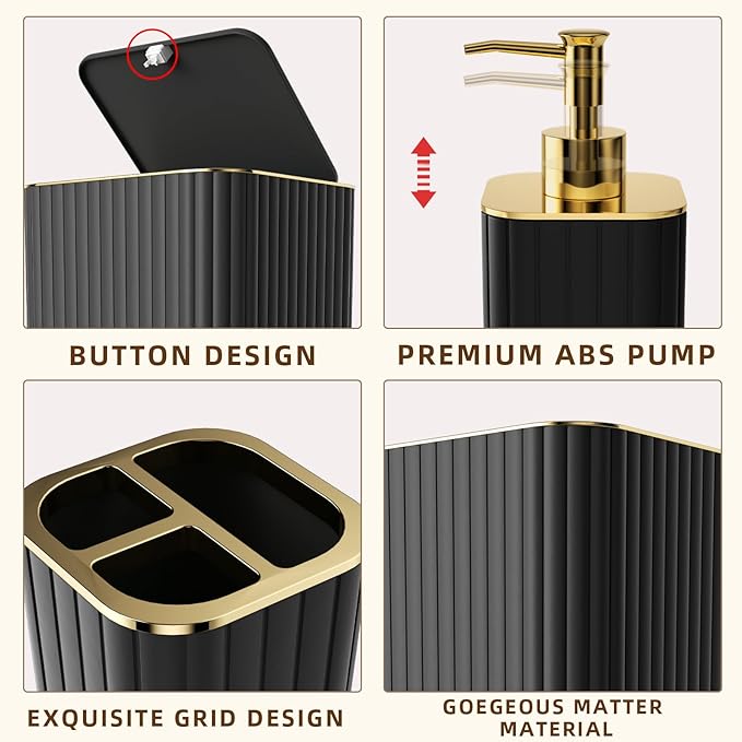 XLHOMO Bathroom Accessory Set - 26PC Bathroom Shower Curtain and Rug Set, Bathroom Accessories Set, Black Bathroom Set with Trash Can, Toilet Brush, Qtip Holder & Soap Dispenser