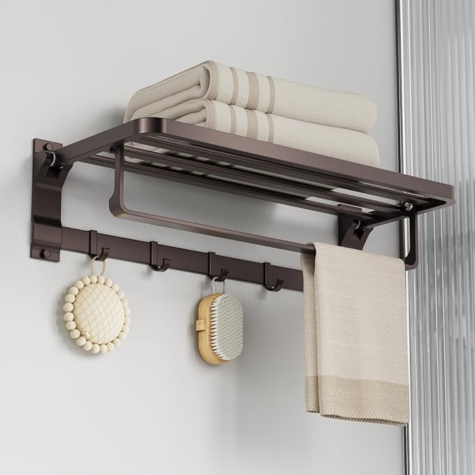 90° Foldable Towel Racks for Bathroom Wall Mounted with Rustproof Aluminum Towel Bar5 Towel Hooks 23IN Shelves Organizers Storage for RV Hotel Lavatory Kitchen Home Decor, Matte Gun Grey