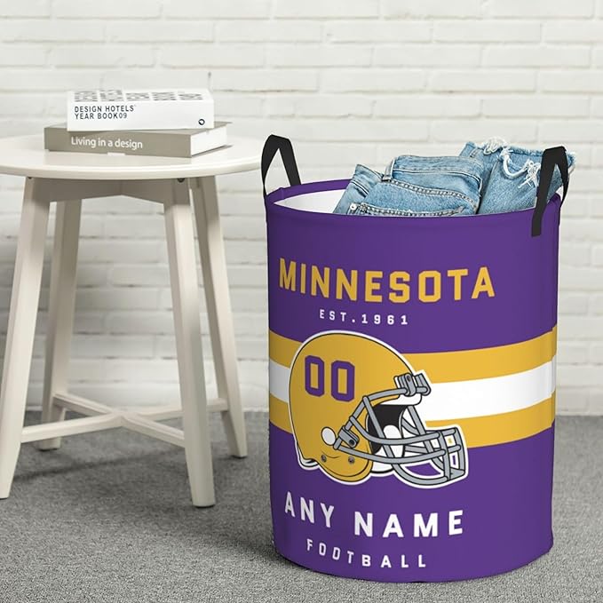 Custom Minnesota Laundry Hamper - Personalized Football Style Laundry Basket - Customized Name And Number - Dirty Clothes Hamper Waterproof Large Capacity Hamper for Bedroom Bathroom Living Room
