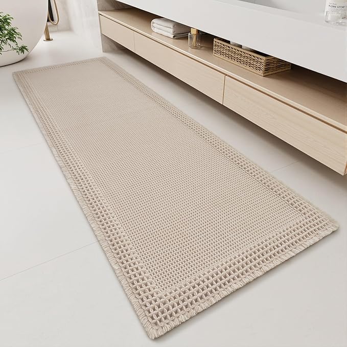 RESARE Waffle Bathroom Runner Rugs, Super Absorbent Bath Mat Non Slip Washable Quick Dry, Upgraded Ultra Soft Boho Bath Rugs with Tassels for Hallway Bedroom Laundry Room, 2'x6'(24"x72"), Pale Beige