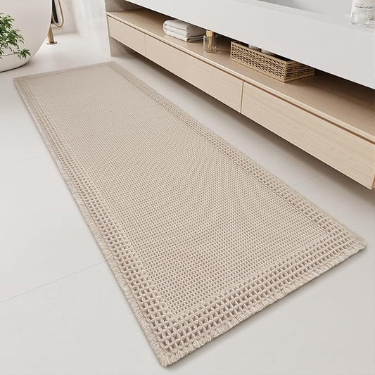 RESARE Waffle Bathroom Runner Rugs, Super Absorbent Bath Mat Non Slip Washable Quick Dry, Upgraded Ultra Soft Boho Bath Rugs with Tassels for Hallway Bedroom Laundry Room, 2'x6'(24"x72"), Pale Beige