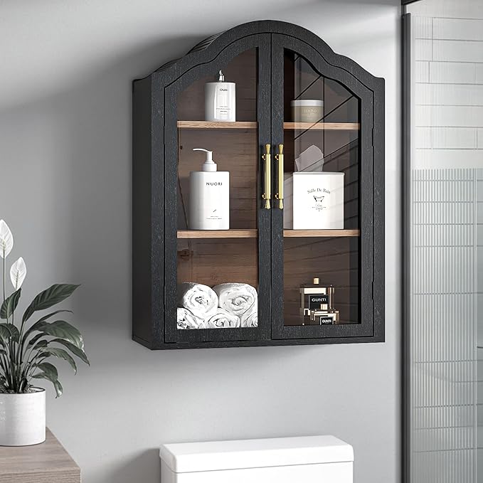 Furnaza Black Arched Wall Mounted Cabinet, Display Medicine Cabinets with Tempered Glass Doors and Adjustable Shelf for Bathroom,Kitchen,Living Room