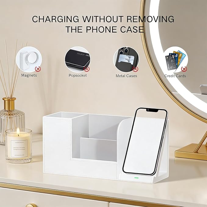 LADSTAG Makeup Brush Holder Organizer with Phone Charging Stand – Leather Cosmetic Cup for Perfume, Nail Polish, Lipstick & Art Supplies | Vanity, Bathroom & Desktop Organizer