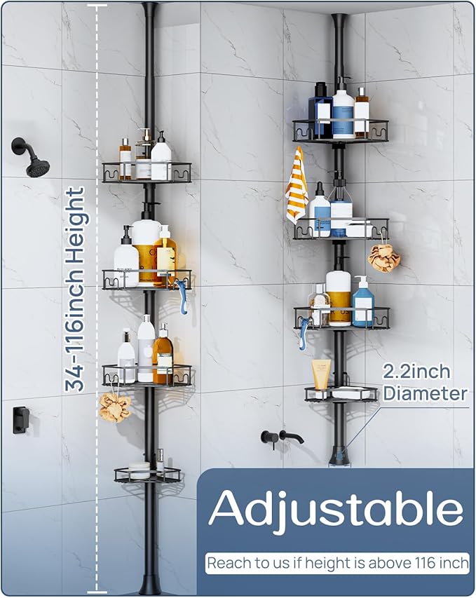 SEIRIONE Corner Shower Caddy Tension Pole, 4-Tier Rust-Free Shower Organizer Corner, Adjustable Shelf for Bathroom Storage, Easy-Install Standing Rack, 34 to 116Inch, Black