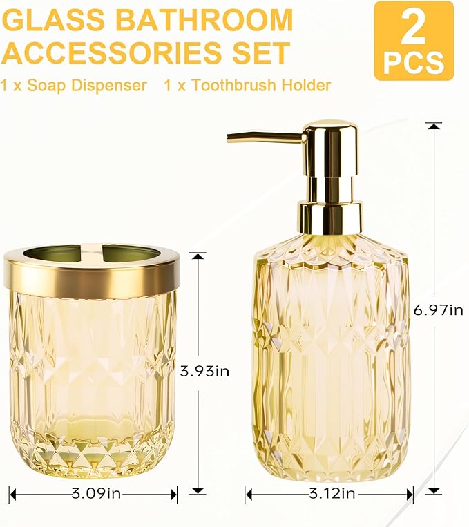 Glass Bathroom Accessories Set, 2PCS Clear Glass Bathroom Accessory, Toothbrush Holder and Soap Dispenser Set for Modern Bathroom Decor(Clear Gold)