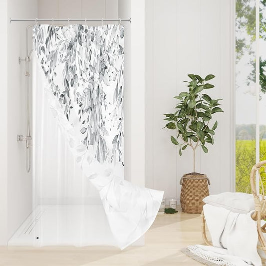 Gibelle Small Stall 3 in 1 Shower Curtain Set,Eucalyptus Bath Curtain with PEVA Liner Set and 12 Metal Hooks, Modern Waterproof Fabric Bathroom Curtain 36x72, Grey