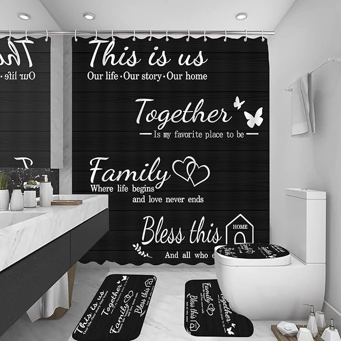 juwute 4Pcs Family Shower Curtain Sets with Non-Slip Rugs, Toilet Lid Cover and Bath Mat, Black Home Bathroom Decor Set Accessories Waterproof Shower Curtains with 12 Hooks, 72 x 72 Inch