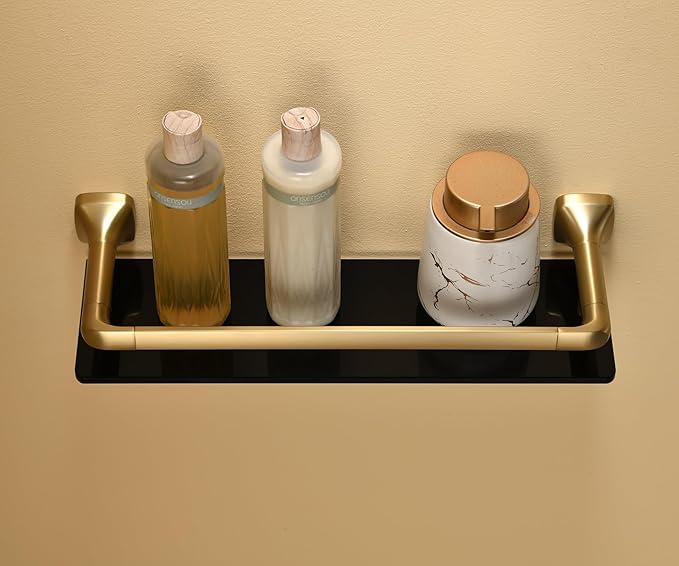 16-Inch Bathroom Glass Shelf, Rectangular Floating Shelves, Brushed Gold Wall Organizer with Black Tempered Glass & Safety Railing