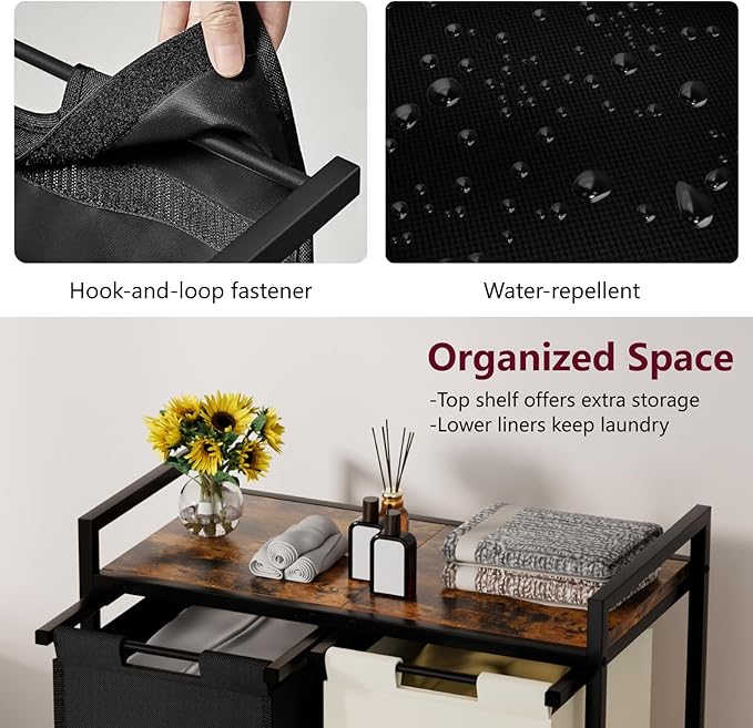 Huhote Double Compartment Laundry Basket, Laundry Sorter with Top Shelf, 2 Removable Washable Bags, Side Pockets, Black & White