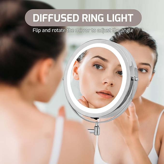 OVENTE Wall Mounted Lighted Makeup Mirror, 9" Double Sided 1X/10X Magnifying Vanity Mirror for Bathroom with LED Lights, Cordless, 360° Rotation and 13" Extendable Arm, Polished Chrome MFW85CH1X10X
