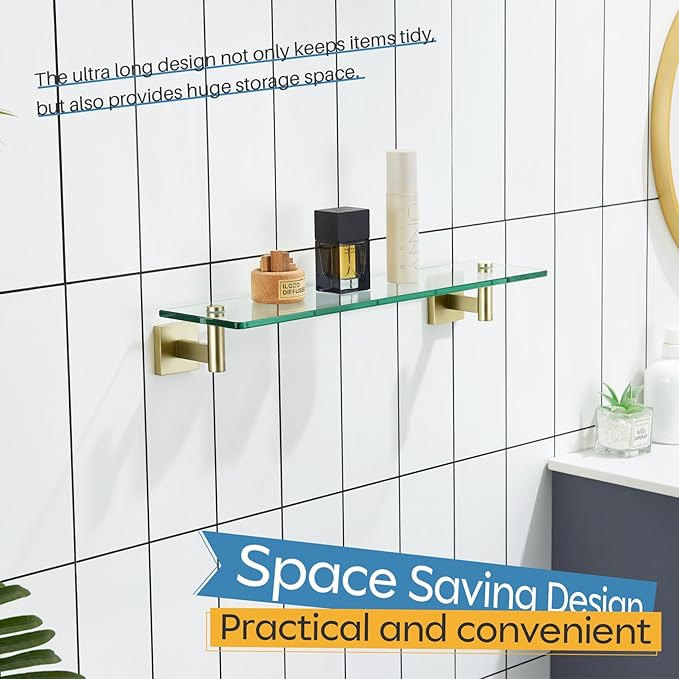 KOKOSIRI 20-Inch Bathroom Shelves Glass Floating Shelf Toilet Roll Holder Toilet Paper Holder Stainless Steel Brushed Gold B1105BG-L20+B2008BG