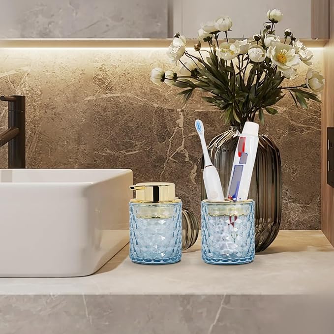 Bathroom Accessories Set 2pcs Glass Foaming Soap Dispenser and Toothbrush Holder for Bathroom Countertop, Blue Glass Bathroom Assessory Set with Gold Decor