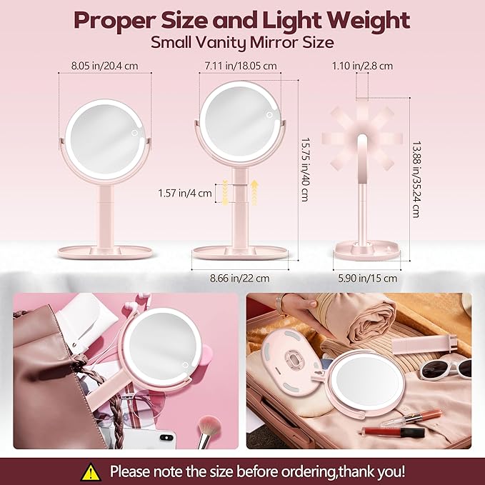 MOMOKUBA Makeup Mirror with Lights, 30X Magnifying & Height Adjustable, Lighted Magnifying Mirror with 3 Light Modes and Stepless Dimming, Vanity Mirrors for Bathroom, Birthday Gift for Women, Pink