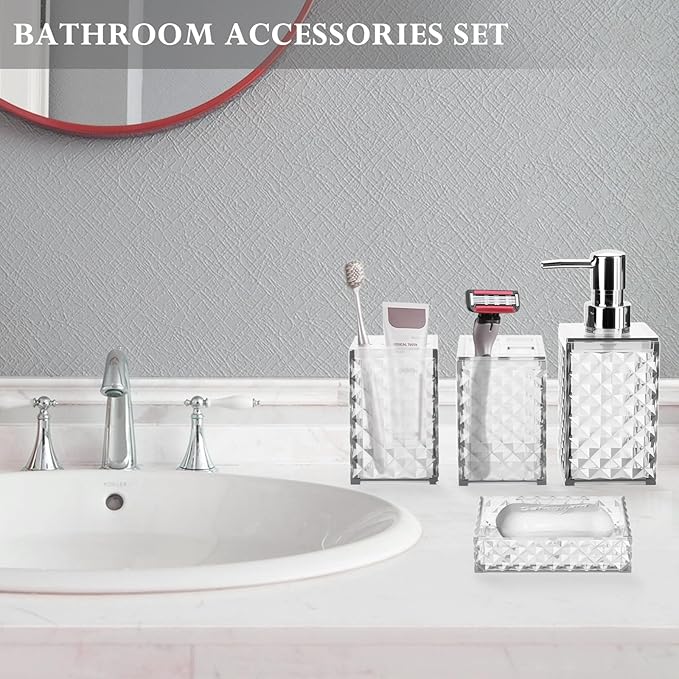 Bathroom Accessory Set, Grid Pattern 4 Pcs Plastic Bathroom Set Include Soap Dispenser, Soap Dish, Toothbrush Holder, Mousewash Cup, Modern Bahtroom D??cor Set(White)