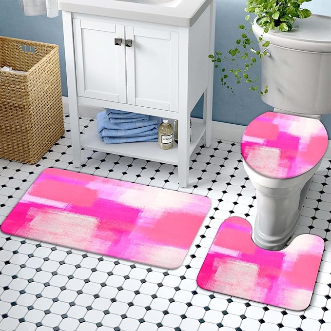 Lnond 4Pcs Bathroom Shower Curtain Sets with Rugs, Pink and Grey Painting Art Bathroom Sets with Shower Curtain and Rugs and Accessories