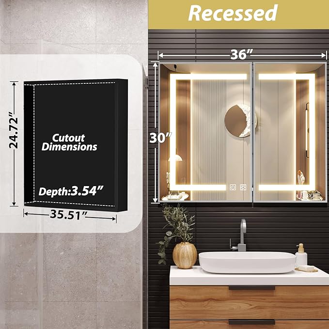 ROOMTEC Lighted Medicine Cabinet with Mirror 36"x30", Wall Mounted Bathroom Mirror with Storage, 2 Doors Bathroom Wall Cabinet with LED Lights, Sliver