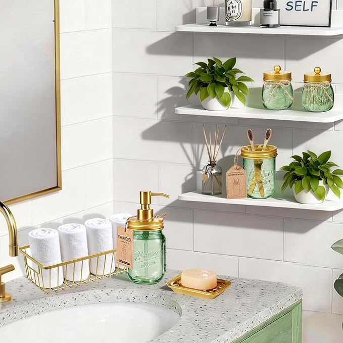 SheeChung Green Bathroom Accessories Set, 6Pcs Mason Jar Glass Bathroom Set, Lotion Soap Dispenser, Toothbrush Holder, Qtip Holder, Soap Dish, Metal Wire Basket, Rustic Farmhouse Bathroom Decor-Gold