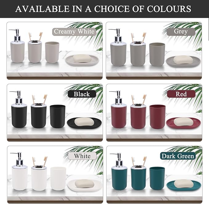 Matte Black Bathroom Accessories Set, 4-Piece Plastic Black Bathroom Organizer with Soap Dispenser, Toothbrush Holder, Rinse Cup & Soap Dish, Classic Black Bathroom Decor