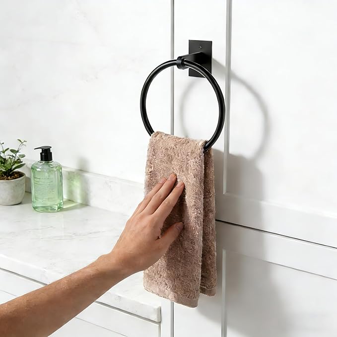 Bathroom Hand Towel Holder, Matte Black Towel Ring Hanger, Stainless Steel Towel Rings for Bathroom Wall Mount, Heavy Duty Towel Hanger for Bath, Kitchen