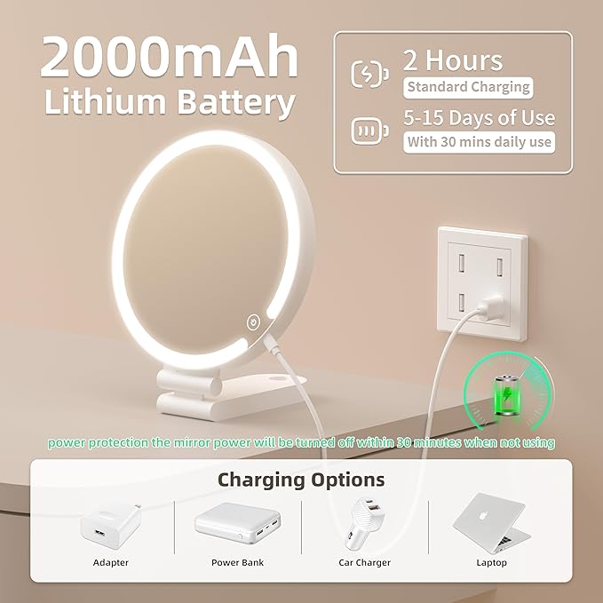 Travel Makeup Mirror with Lights, 20X/1X Double-Sided Magnifying Mirror with 3 Color Lights, Brightness Adjustable, Rechargeable, Foldable Handheld Makeup Mirrors Portable for Travel Use