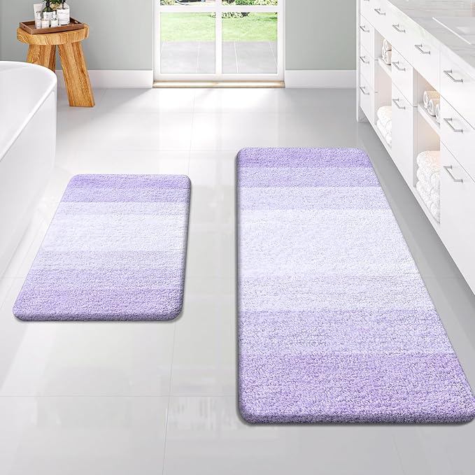 OLANLY Bathroom Rug Set 2 Piece, Soft Absorbent Microfiber Bath Rug Set, Non-Slip, Machine Wash Dry, Plush Shaggy Bath Mats for Bathroom (47"x20"+24"x16", Light Purple)