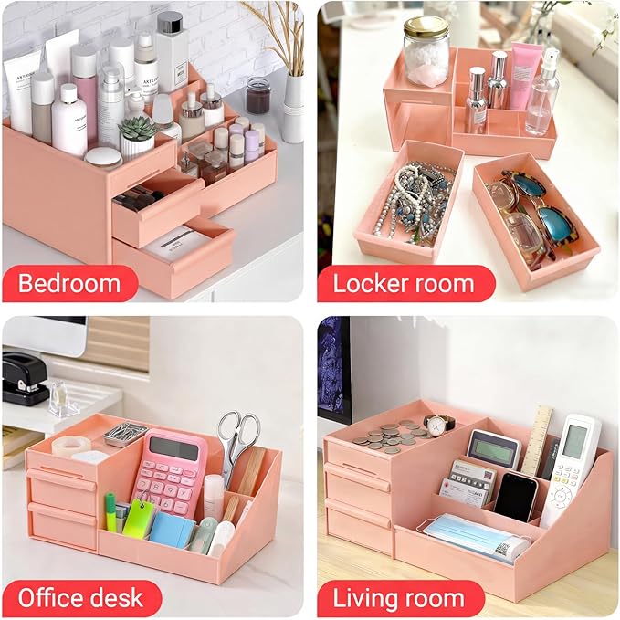 Makeup Organizer with Drawers, Cosmetic Organizer for Vanity Dresser Bathroom Countertop, Large CapacityOrganizer for Skincare, Lipstick, Palettes (Pink-1 Pack)