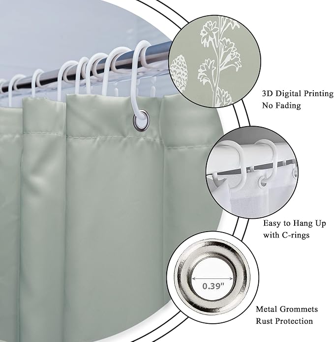 Riyidecor Sage Green Floral Wildflower 4Pcs Bathroom Shower Curtain Sets Vintage Botanical Leaves Bathroom Decor Set with Rugs and Accessories Rustic Toilet Lid Rug, Contour and Bath Mat with 12 Hooks