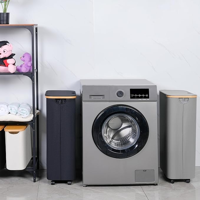 iEGrow 75L Slim Laundry Hamper with Wheels,Clothes Hamper for Laundry,Laundry Basket with Lid & Inner Bag,for Laundry Room, Bedroom, Dormitory Organization,Black
