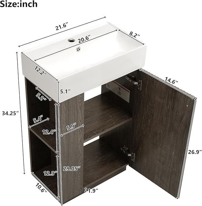 Virubi 21.6" Small Fluted Bathroom Vanity with Sink,Soft Closing Doors and Storage Shelves,Natural Wood Single Bathroom Sink Cabinet Combo Freestanding,Dark Grey