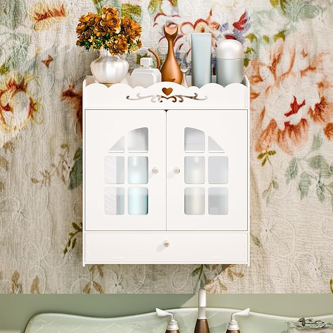 Wall-Mounted Bathroom Cabinet, Punch-Free Bathroom Storage Organizer with Hollow Flower Carving, Bathroom Wall Shelf Bathroom Storage Cabinet with 2 Doors & Drawer, Ideal for Cosmetics Toile