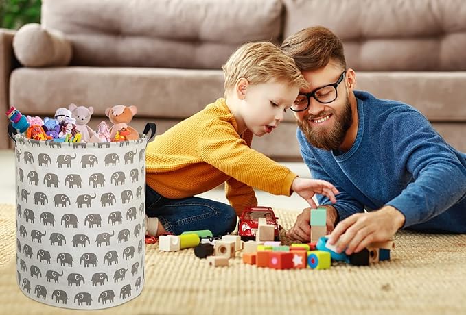 HIYAGON Canvas Storage Basket,Large Laundry Basket with Handles-Collapsible Storage Bin for Kids Room,Nersury Hamper,Toy Storage 19.7??15.7 (Grey Elephant)