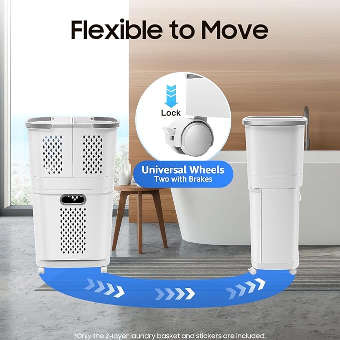 2-Tier Rolling Laundry Basket Movable Plastic Collapsible Laundry Basket Cart with Wheels and Handle, Durable Ventilated Portable Storage Baskets for Dorm, Laundry Room, Bathrooms