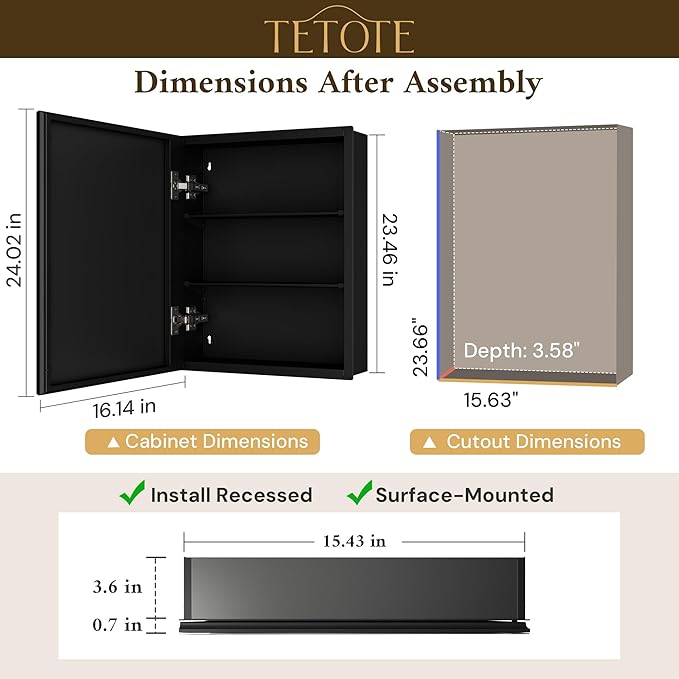 TETOTE 16 x 24 Medicine Cabinet with Tempered Beveled Mirror Black Bathroom Mirror with Storage Aluminum Cabinet DTC Hinges, Stepless Adjustable Shelves, Recessed/Surface-Mounted