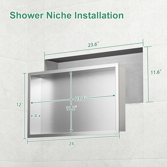 SaniteModar Shower Niche, Stainless Steel Shower Niche No Tile Needed, Recessed for Bathroom Storage (Brushed Silver, 12x24)