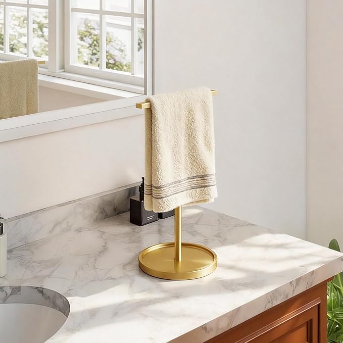 Hand Towel Holder Stand, T-Shape Countertop Hand Towel Stand for Bathroom Kitchen, Adjustable Hand Towel Holder, Gold
