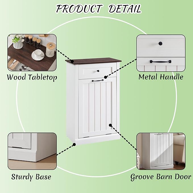 IFBUY Tilt Out Laundry Hamper Cabinet, 10 Gallon Farmhouse Trash Can Cabinet with Drawer, Hidden Wood Garbage Can Bin Cabinet with Laundry Storage Basket for Bathroom, Kitchen, Antique White