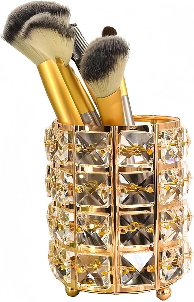 Makeup Brush Holder Organizer Crystal Bling Cosmetic Storage Box for Brushes, Combs & Pens, Candle Holder Container???Gold???