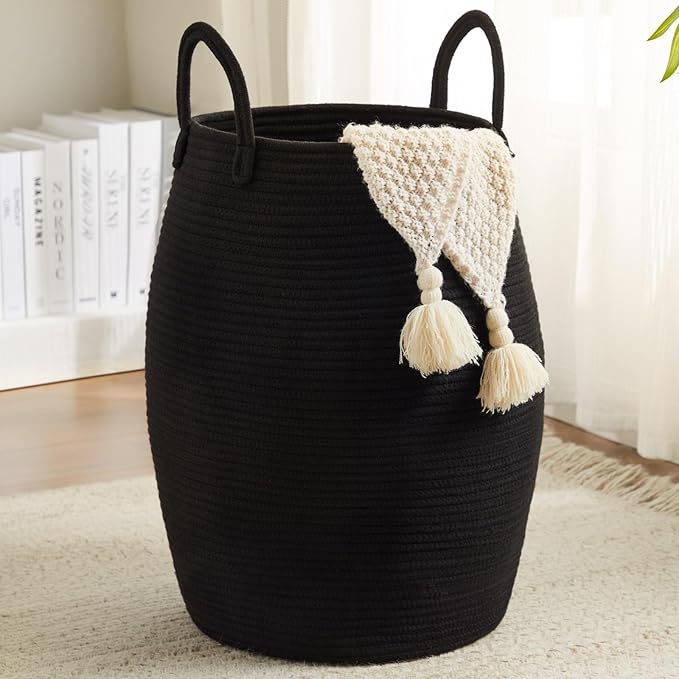 Fiona's magic 105L Extra Large Laundry Hamper Basket, Woven Tall Clothes Hamper for Storage Blanket, Toys and Dirty Cothes in Bedroom and Living Room Organizer, Black