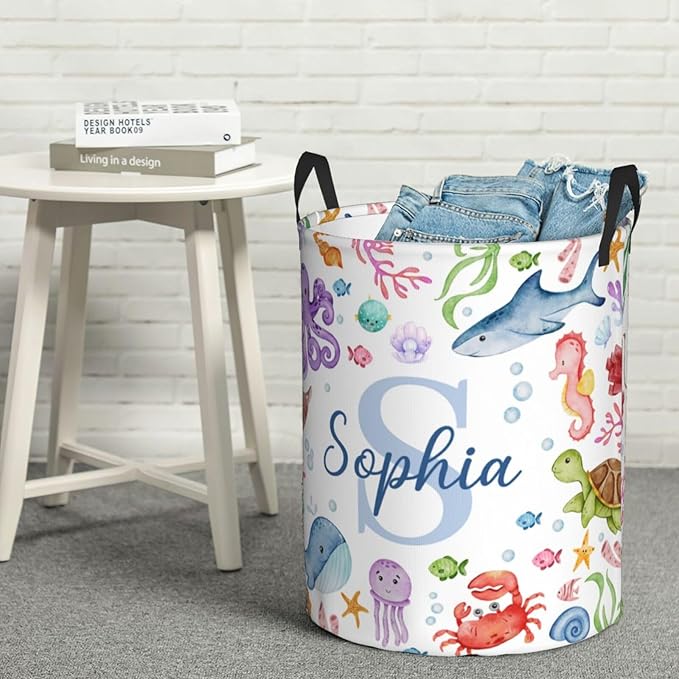Custom Sea Animal Laundry Baskets, Personalized Ocean Themed Gifts with Customized Name, Collapsible Laundry Hamper for Kids Adults Home Decoration,16.5 X 13.8in