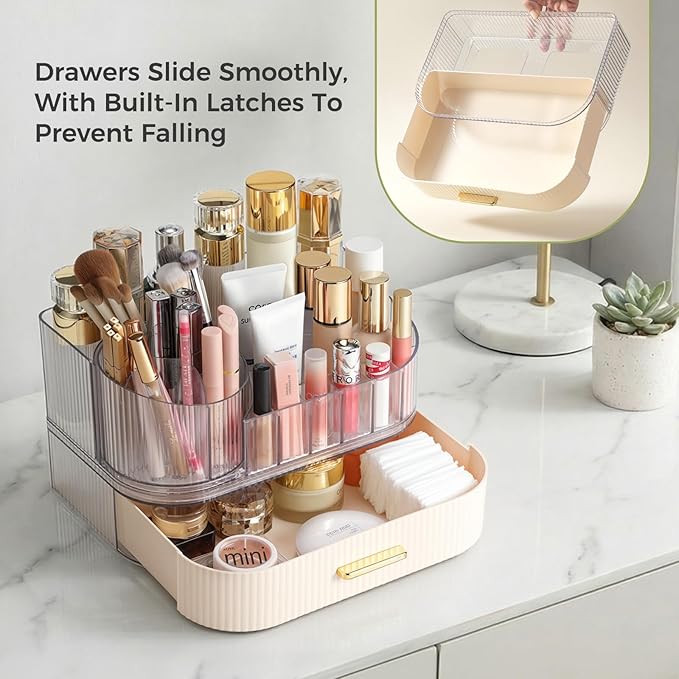 Delamu Makeup Organizer for Vanity with Stackable Drawers, 360 Rotating Makeup Brush Holder Large Cosmetic Display Case, Bathroom Skincare Storage, Elegant White, Ideal Gifts for Girls