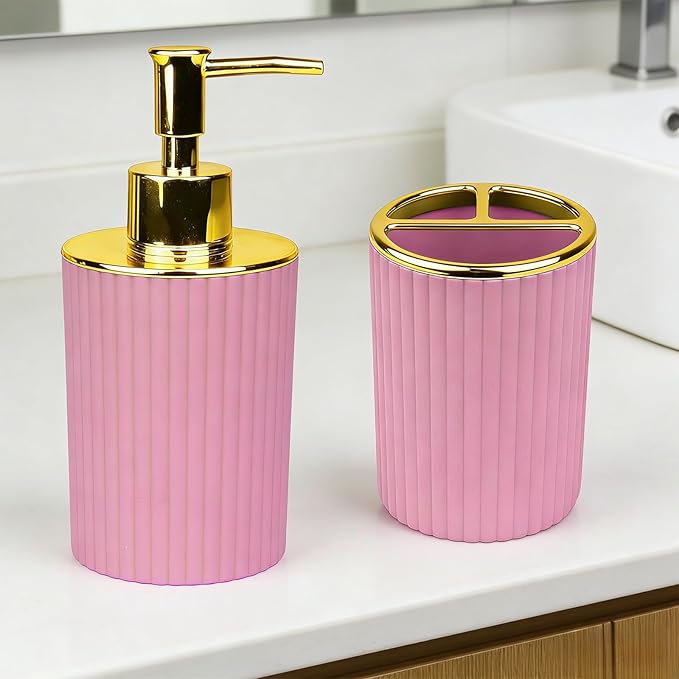 Bathroom Accessories Set, 2-Piece Pink & Gold Soap Dispenser & Toothbrush Holder, Modern ABS Vanity Organizer for Countertop, Minimalist Bathroom Decor