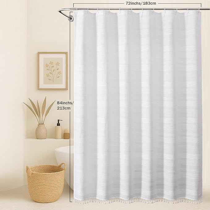 OVZME Extra Long White Boho Shower Curtain 84 Inch Long, Modern Farmhouse Heavy Duty Textured Soft Fabric, Rustic Country Cloth Shower Curtain with Tassel for Bathroom Hotel, 72Wx84L, White