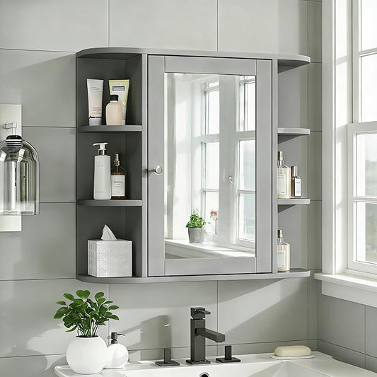 Merax Bathroom Wall Storage Cabinet with Mirror, 26 Inch Medicine Cabinet with Mirror Doors & Adjustable Wood Shelf, Space-Saving Modern Mounted Storage Cabinets with 6 Open Shelves, Gray